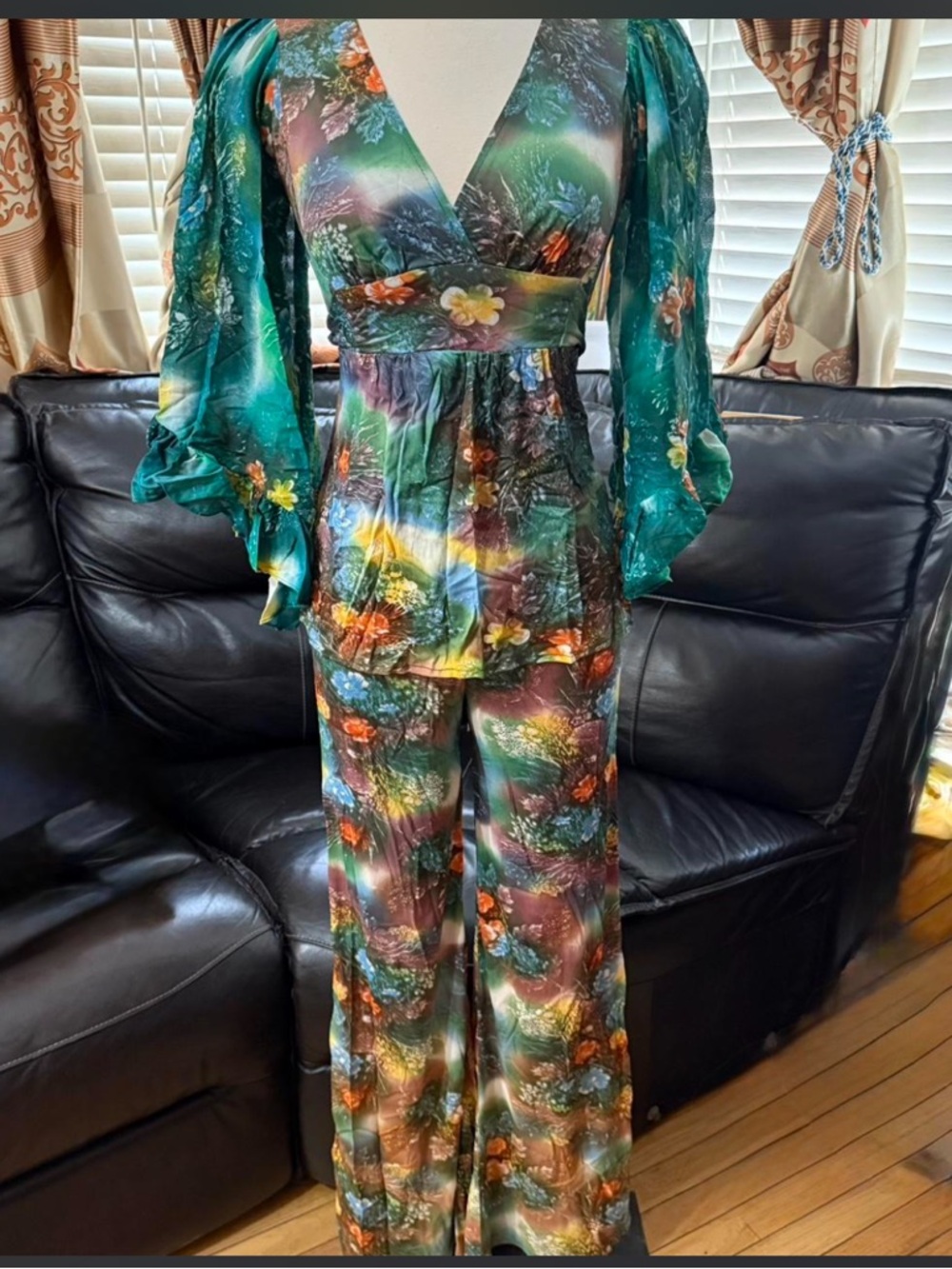 1970s Angel Sleeve Blouse and Flare Pants